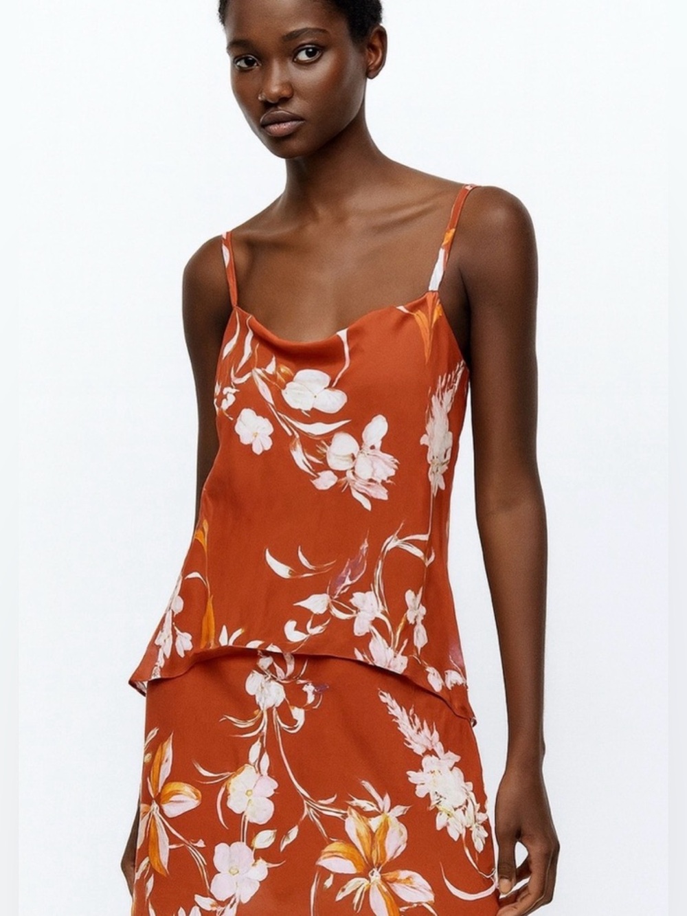 277 - Mango Burnt Orange Floral Two Tier Dress